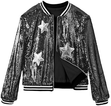 LOLANTA Niñas Lentejuelas Bomber Chaqueta con Bolsillos Cremallera Manga Larga Sparkle Béisbol Chaquetas para Niños, Negro, 10-11 años, 150