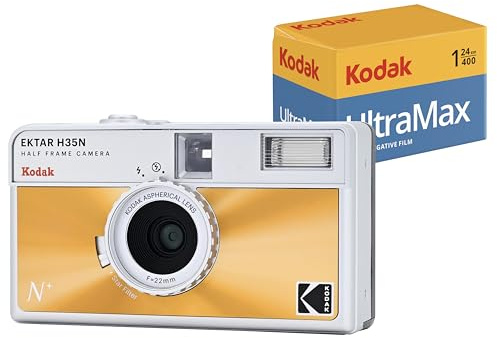 KODAK EKTAR H35N Paquete de cámara de Medio fotograma con película Kodak Ultramax 400/24EXP de 35 mm (Naranja glaseada)