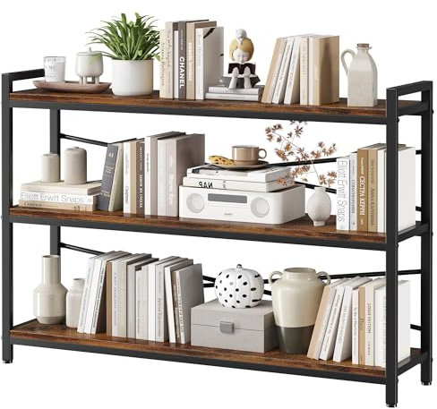 3 Tier Bookshelf 47.24 Width, Wood and Metal Etagere Bookcase, Vintage Farmhouse Modern Wooden Large Book Shelf for Home Living Room Bedroom Office Storage(Rustic Brown)
