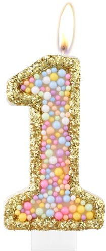 Macaron First Birthday Candles, Gold Number 1 Candle for Cake,Color Pearl Candles, Macaron Themed Birthday Decorations, Sparkler Birthday Candle Cake Topper for Girls Boys Birthday Party Supplies