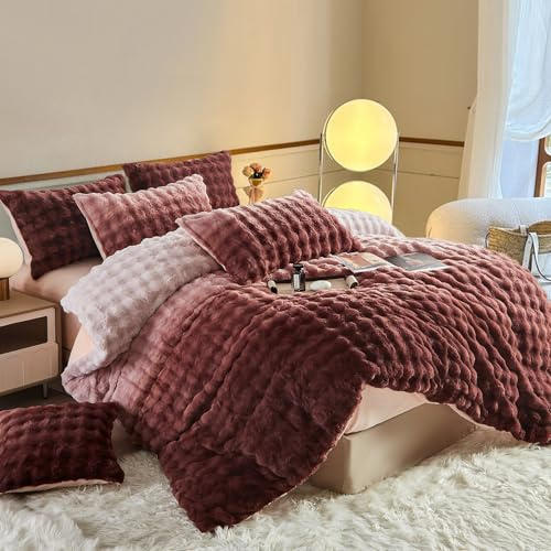 YASMENG Vinterplysch sängkläder 135 x 200 4 delar varm gradient rosa brun plysch långhår sängkläder vinter mjuka mysiga fluffiga sängkläder med dragkedja och 2 örngott 80 x 80 cm