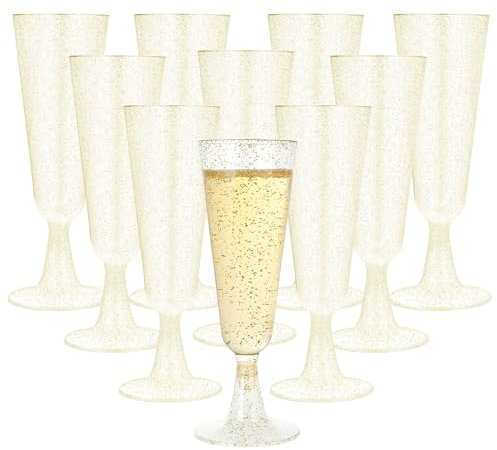 Mualady 50 Pcs Gold Glitter Plastic Champagne Flutes, 160ml/5oz Reusable Prosecco Glasses, Plastic Champagne Flutes, Elegant Wine Glasses for Wedding, Party, Birthday