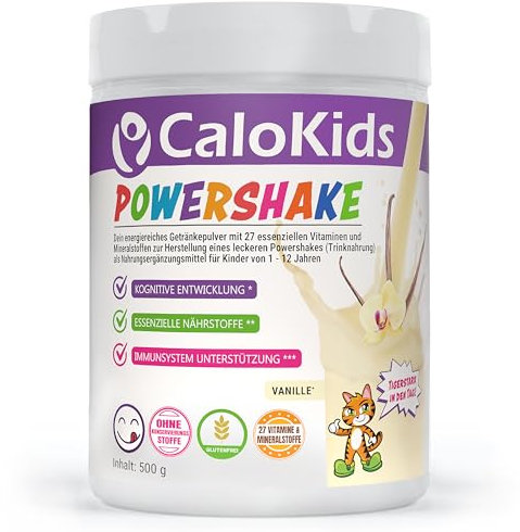 Trinknahrung Kinder Powershake Nahrungsergänzung für Kinder von 1-12 Jahren | 27 Vitamine Mineralien & Protein zur Unterstützung von Wachstum Entwicklung & Immunsystem | CaloKids (500 g, Vanille)