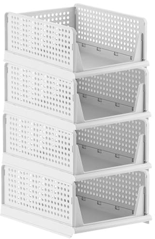 MUXHEL Set di 4 organizer per guardaroba, 43 x 32 x 18 cm, in plastica, impilabile, pieghevole, scatola per cassetti, armadio per armadio, colore bianco