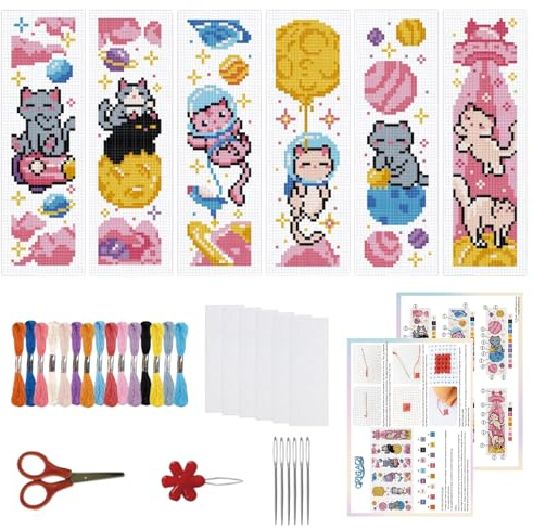 ORIGACH Kit de 6 marque-pages au point de croix Motif chat mignon | avec instructions pour débutants - Kit de bricolage imprimé au point de croix pour les amateurs de