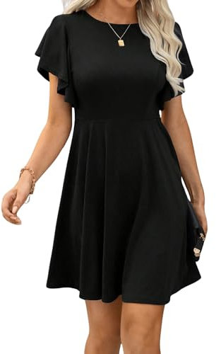 GORGLITTER Women's Ruffle Swing Flared Mini Dress Round Neck Cap Sleeve Plain Casual Short Dress Black Large