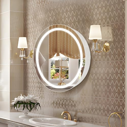 Janboe Armadio medico rotondo con luci, 61 cm, armadietto per medicinali a LED, con annebbia, specchio illuminato per bagno, dimmerabile, senza appannamento, temperatura di colore 3000 K-6500 K