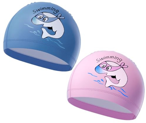 2 Pack Cute Dolphin Kids PU Fabric Swimming Caps 3-12 Years Girls Boys Breathable Waterproof Swim Hat Child Anti Slip Stretchy Cosy Swim Turban Cap Hair Wrap Cover Pool Cap