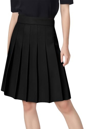 Zeiayuas Womens Knee Length Pleated Skirt Ladies Plain Flared Skater Midi Skirt Plus Size Girls High Waist Black School Uniform Casual A-Line Dinner Dancing Skirts Tennis School Skirts