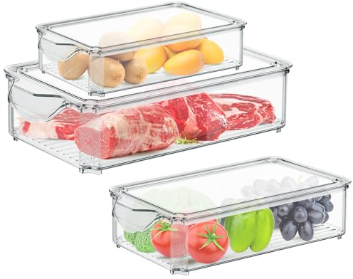 Tuevob Food Storage Containers Fridge Organiser 3 Set Plastic Freezer Storage Box Bin with Lid Clear Stackable Chest Refrigerator Drawer Organiser Pantry Organizer Storage Fruit Salad Rridge Tidy Tray