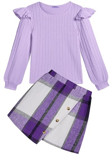 Arshiner Ragazze Set di Abbigliamento Bambine Maniche Lunghe con Gonna a Quadri Set Autunno Inverno Casual Elegante due Pezzi Outfit per Ragazze 10-11 Anni