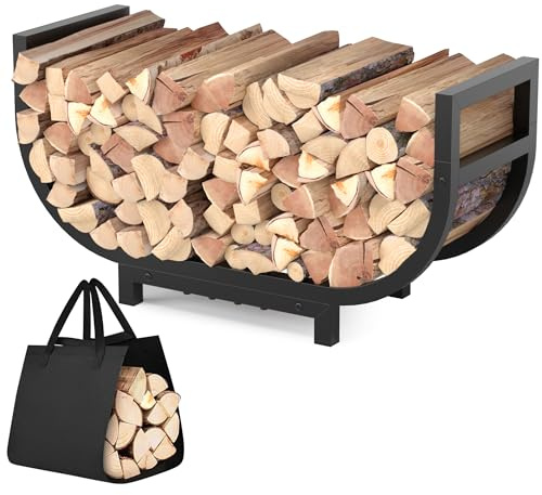 HXJLJY 30-inch Firewood Rack Outdoor Indoor with Log Carrier Bag, Stable Log Holder Rustproof Metal Wood Rack for Fireplace Patio Deck Firepit, Heavy Duty Firewood Storage Organizer Tool, Black