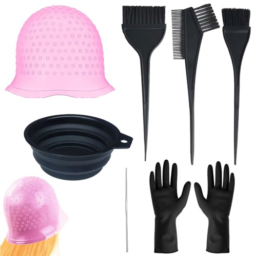 Lot de 7 bonnets à mèches en silicone - Coloration des cheveux - Colorez vous-même vos cheveux - Colorez vos brosses à cheveux et votre bonnet - Rose - Idéal pour les familles et les salons de
