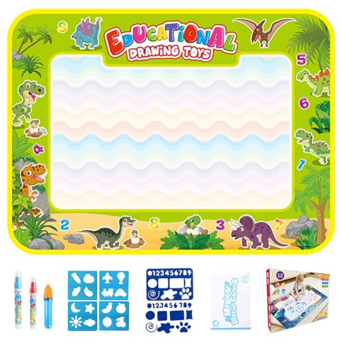 Water Paint Mat, Painting Writing Coloring Mat with Templates and Pens, Stamps, Molds No Coloring Painting Educational Toys, Reusable Endless Fun with Water-based Drawing for Number Dinosaurs 80*60cm