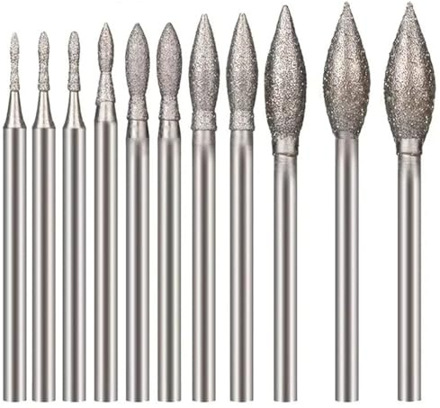 11 Pcs Diamond Grinding Burr Bits Set, Olive Shape Rotary Tool Accessories with 3/32 inch Shank for Gemstone Stone Marble Glass Ceramic Jade Jadeite Lapidary Carving Tool