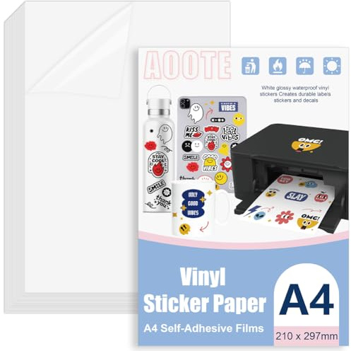 AOOTE transparent klistermärkespapper för skrivare, 26 ark tryckbart vinylklistermärkespapper, 297x210 mm A4 transparent glansigt vinylklistermärkespapper för laserskrivare, lämpligt för kontor