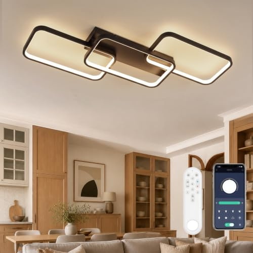 OTREN Lámpara Techo Salón Regulable Moderno 82cm 60W 6000LM, 3000K-6500K con Mando a Distancia, Plafón LED Negro con Memoria y Luz Nocturna para Dormitorio, Cocina y Comedor