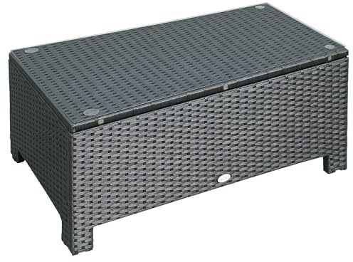 Outsunny Table Basse de Jardin Plateau Verre trempé 5 mm rotin tressé 85 x 50 x 39cm Max. 50 kg Noir