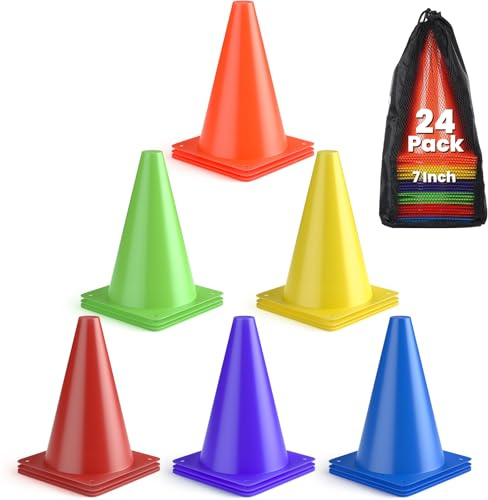 GHB 7 Inch Soccer Cones 24 Pack Disc Soccer Sport Cones Training Field Marker Agility Cones for Basketball, Coaching, Practice Equipment Includes Drills Guide (7 24Pcs Multicolor)