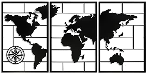 Baupor Décoration Murale en Métal Carte du Monde, 3x Grande Décoration Murale en Métal, Art Mural Moderne Noir, Design Esthétique pour Salon, Salle à Manger, Bureau