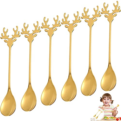 6 Stück Elch Rührlöffel Edelstahl Löffel Kreativer Weihnachtslöffel Geschenk Kaffeel Kuchenlöffel Tee Löffel (Gold) …