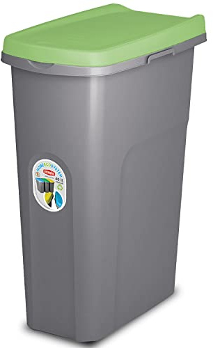Home Centre Plastic Lift Top Lid Waste Bin Kitchen School 40 Litre Green-Grey Slim Recycling General Trash & Storage Recycled Rubbish Organiser Container Dustbin Sturdy Quality Made in Italy