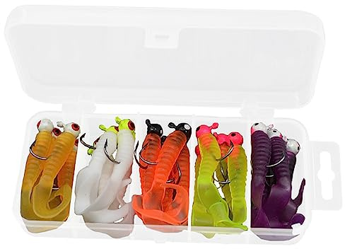 TopHomer Lot de 20 leurres de pêche à queue bouclée, hameçons à tête plombée, appâts en plastique souple, ensemble de matériel de pêche en silicone pour poisson-chat, perche, brochet, eau salée et eau