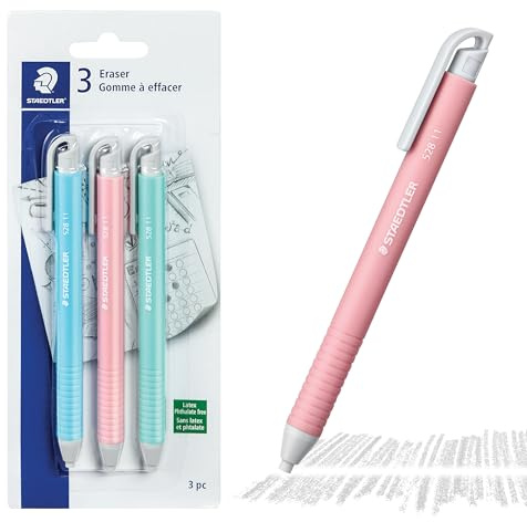 STAEDTLER Vinyl Eraser Holder (3-Pack): Retractable Erasers for Pencils, Soft Vinyl, Latex-Free, Clean Edges, No Smudges, Pastel Colors