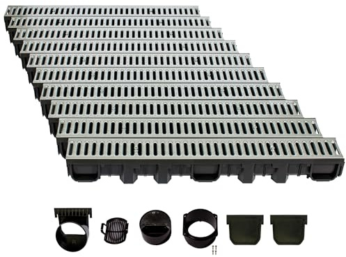 ScarMaxx - Set di grondaie di drenaggio A15 - Grondaia - Scarico dell'Acqua piovana - Scarico con griglia - Canale di drenaggio - Piatto - Plastica - Altezza 115 mm - Acciaio zincato - 10 m