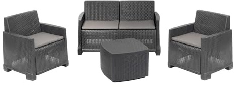 Dmora Set Salotto da Esterno Peschici,con 2 poltrone, 1 Divano e 1 tavolino, Effetto Rattan, 100% Made in Italy, Antracite, Pelle. Materiale, Medio