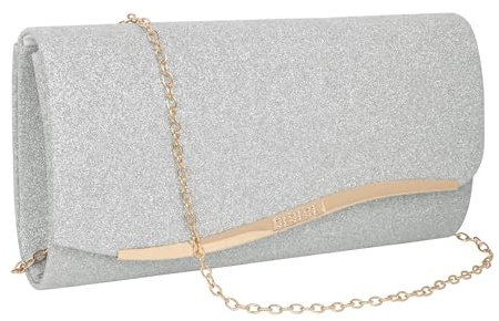 Minicloss Damen Abendtasche Silber Clutch Modische Handtasche, Brauttasche Kettentasche Elegant Satin Funkelnde Kettenabendtasche Elegante Umschlagtasche für Ball Party und Hochzeit