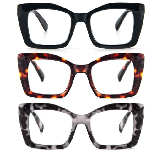 KoKoBin 3 Pack Occhiali da lettura quadrati da donna Oversized con cerniere a molla per computer (Nero/Leopardo/Grigio Leopardo, 2, Diottria)