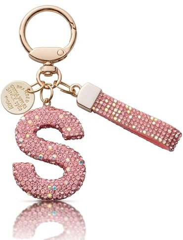 MORSUNBELA Porte Clef Personnalisable Porte-clés Lettre Initiale, Strass Pendentif Initiale, Keychain Personnalisé, pour Fille et Femme, Rose Lettre - S
