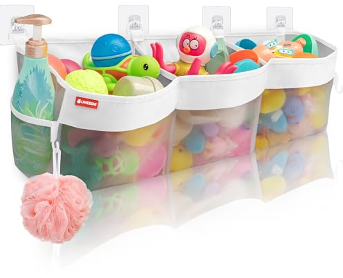 UNEEDE 4.95 Gallons 3 Compartment Horizontal Bath Toy Storage,Bathtub Toy Storage Organizer,Bath Toy Holder For Bathtub,Baby Bath Toy Organizer For Tub,Mesh Shower Caddy(Gray)