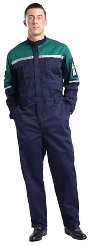 Fldy Herren Arbeitsoverall Mit Reflektierend-Streifen Werkstatt Mechanisch Overall Handwerker Arbeitskleidung Mit Vielen Taschen Marineblau&Grün 4XL