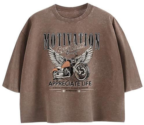 Cayxatiu Motorcycle Cropped Graphic Vintage Tees for Women Y2k Aesthetic Baggy Crop Top Acid Wash Motivation T Shirt Trendy(Coffee,M)