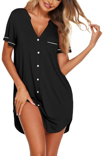 Ekouaer Nightgowns for Women Button Down Night Gowns Short Sleeve Sleep Shirt V Neck Nightshirt Soft Sleepwear Pajams Dress Black Medium