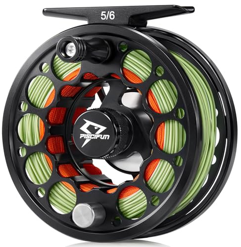 Piscifun Sword Fly Fishing Reel with Line, Pre-Loaded CNC-Machined Aluminum Alloy Fly Reel, Light Weight and Corrosion Resistance Design, 5/6wt Black