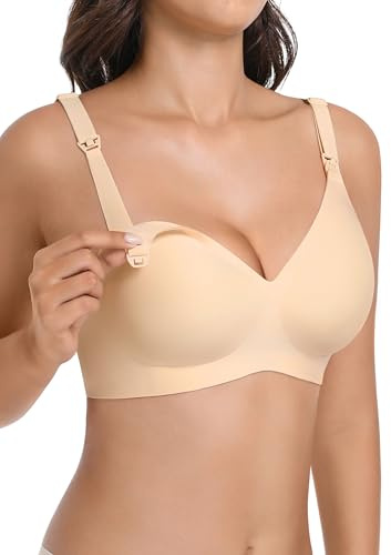 Kohentact Maternity Nursing Bras Wireless Seamless Ultra-Soft Comfort for Breastfeeding Pregnancy Easy One-Handed Access Sleep Bra Beige