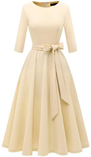 DRESSTELLS Gold Cocktail Dresses for Women, Tea Party Wedding Guest Formal Prom Dress Knee Length, Long Sleeve Mother of Bride Bridesmaid Evening Gown Gala 50s Vintage Fit Flare, Champagne M