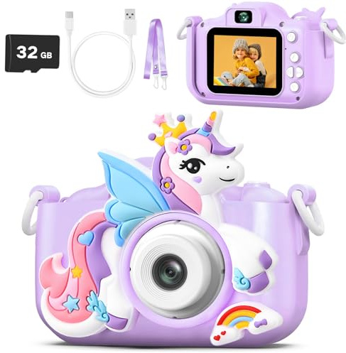 Purple Unicorn Kids Camera Toys for Girls Age 3-8, HD 1080P Toddler Digital Video Camera with SD Card & Selfie Mode, Shockproof Christmas Birthday Gifts for 4 5 6 7 Year Old