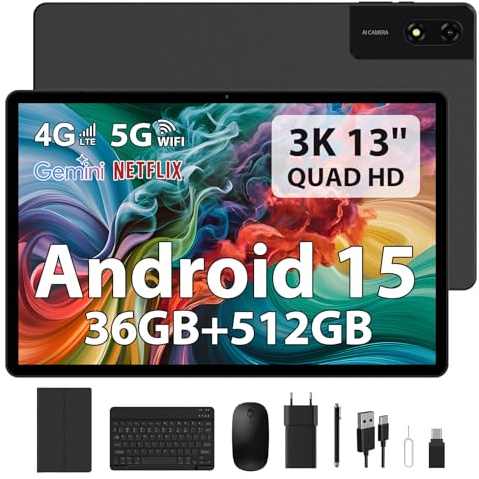 LEVIRTU Tablet 13 Pulgadas Android 15 Octa-Core 2.2GHz/36GB RAM+512GB ROM(TF 2TB) FHD 2944 * 1840, Gemini AI, 11580mAh/4G LTE+5G WiFi/Widevine L1/BT5.0/GPS/13MP Tablets con Teclado y Lápiz, Negro