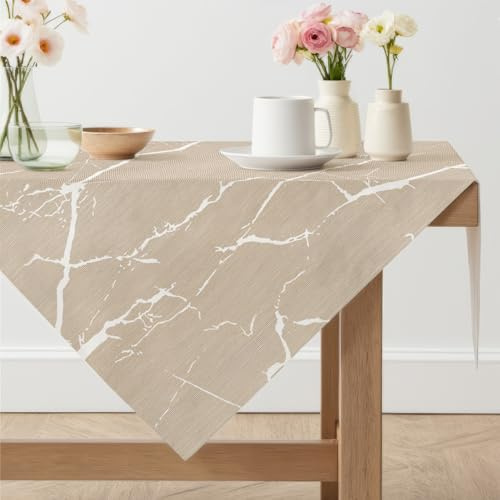Arwllzz Abwaschbare Tischdecke Beige Modern Eckig Mitteldecke Tisch Tischdecken 80 x 80 Leinen Optik Marmor Weiß Tischwäsche Tischdeko Vintage Landhausstil Tischtuch für Draußen Gartentisch