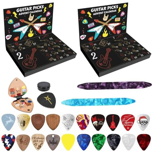 2025 Gitarrplektrum adventskalender, 24 dagar med musikaliska överraskningar för alla som älskar musik och rock, jul nedräkningskalendrar med 20 livliga plektrum, 2 Oud Pick, en läderhållare (2 st)