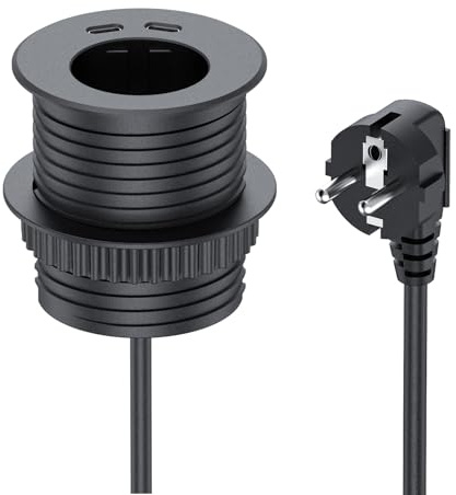 BQO Infällbar bordsuttag med 2 USB-C Hub, 2 m kabel Ø 60 mm, gummiinläggningsuttag för bänkskiva, kök, skrivbord, svart