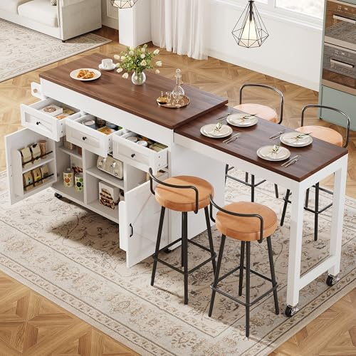 Kebnor Isla de cocina con espacio de almacenamiento, mesa de comedor extensible mesa de bar (131,5-210 cm), giratoria 360°, con cajones y armarios, superficie de trabajo versátil para cocina, comedor