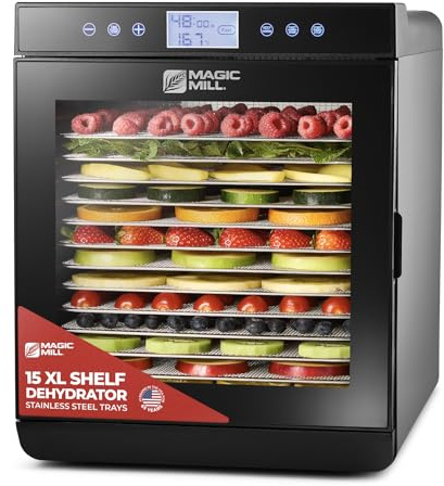 Magic Mill Premium Food Dehydrator Machine (15 Extra-Large Stainless Steel Trays) 800W Dryer for Beef Jerky, Fruits, Vegetables, Dog Treats, 48 Hour Digital Timer - 95°-167° Temperature Control