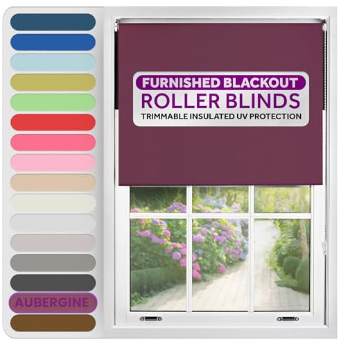 FURNISHED Roller Blinds Window Blackout, Aubergine, 240cm Wide x 210cm Long | Thermal 100% blackout trimmable insulated UV protection child safe easy fit home office window blinds