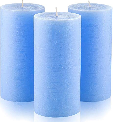 Lot de 3 bougies pilier de 7,6 x 15,2 cm non parfumées coulées à la main pour mariage, décoration de la maison, restaurants, spa, église, mèche en coton sans fumée – Bleu clair
