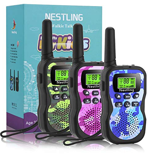 Nestling Walkie Talkies para Niños Pack de 3, Walkie-Talkies Infantiles con Largo Alcance 3 KM, Linterna, Función VOX, Regalos de Cumpleaños, Juguetes para Exterior Camping (4 Pilas AAA No Incluidas)